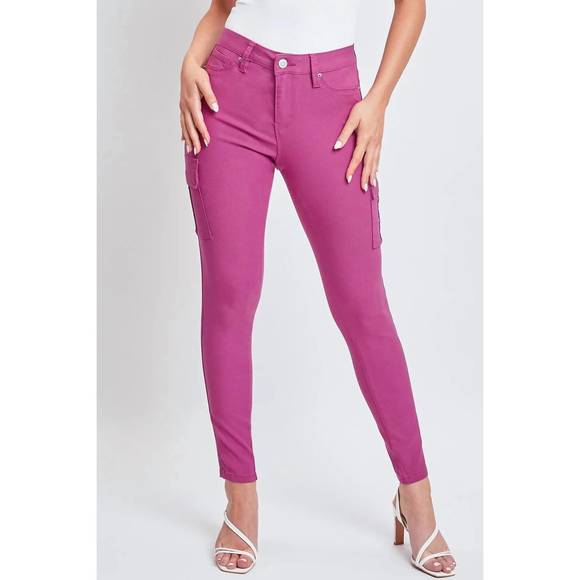 NEW YMI women's hyperstretch button skinny cargo pants in berry - Picture 1 of 1